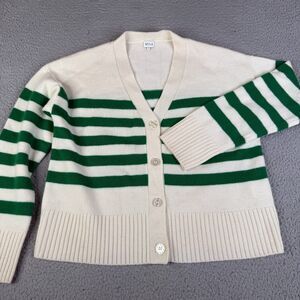 KULE  Cashmere Wool Cardigan Sweater Women S Green White Striped V Neck Jumper